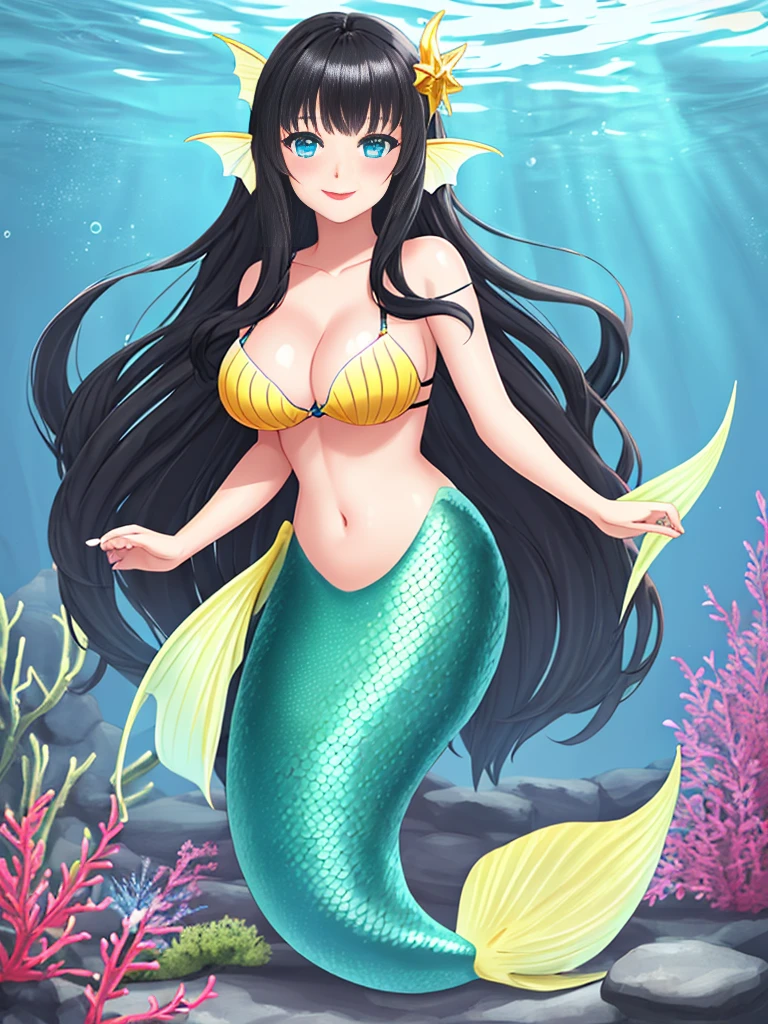 1girl, dark girl, mermaid, long hair, black hair, blue eyes, red lips, pink eyeshadow, smile, blush, happy face, full body, large breasts, mature female, underwater, yellow mermaid tail,