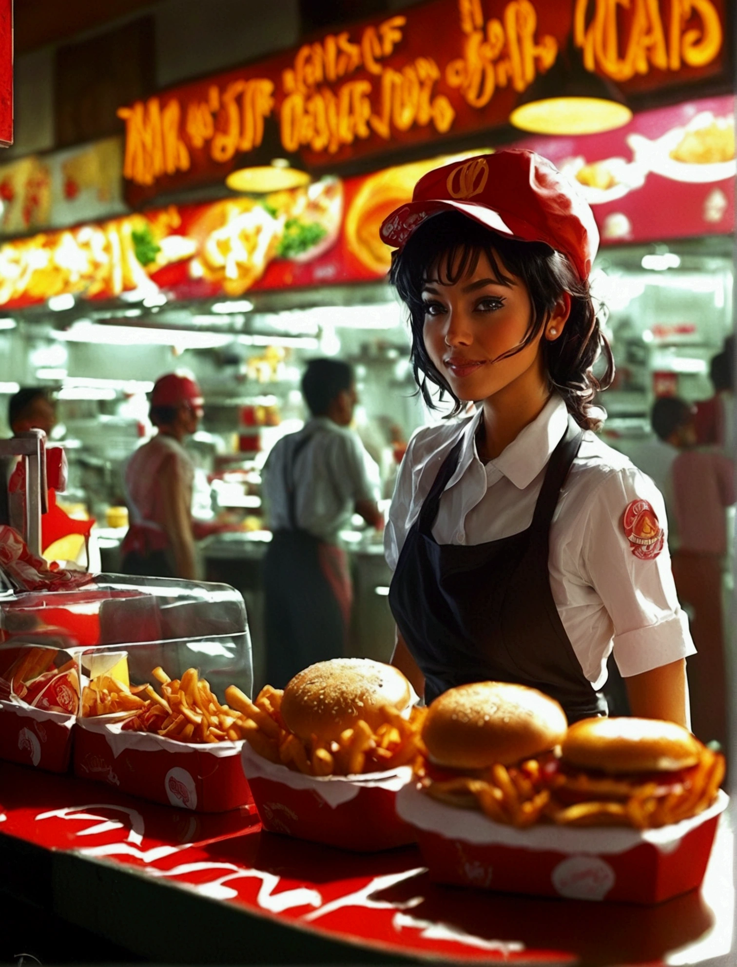 Aphotorealistic, ultra-detailed representation of a dedicated fast food worker serving customers behind the counter in an upper body shot. The individual, showcasing a genuine smile, is skillfully multitasking, handling various orders with precision and attention to detail. Their uniform, emblazoned with the familiar logos of the fast food chain, is worn neatly, and their hands move with dexterity as they assemble meals. The background is a blur of movement, customers lining up to place their orders. The scene is brightly lit, highlighting the worker's focused expression and the intricate mechanisms of the fast food assembly line. The image is shot in 8K UHD, gigantic breasts, giga_busty