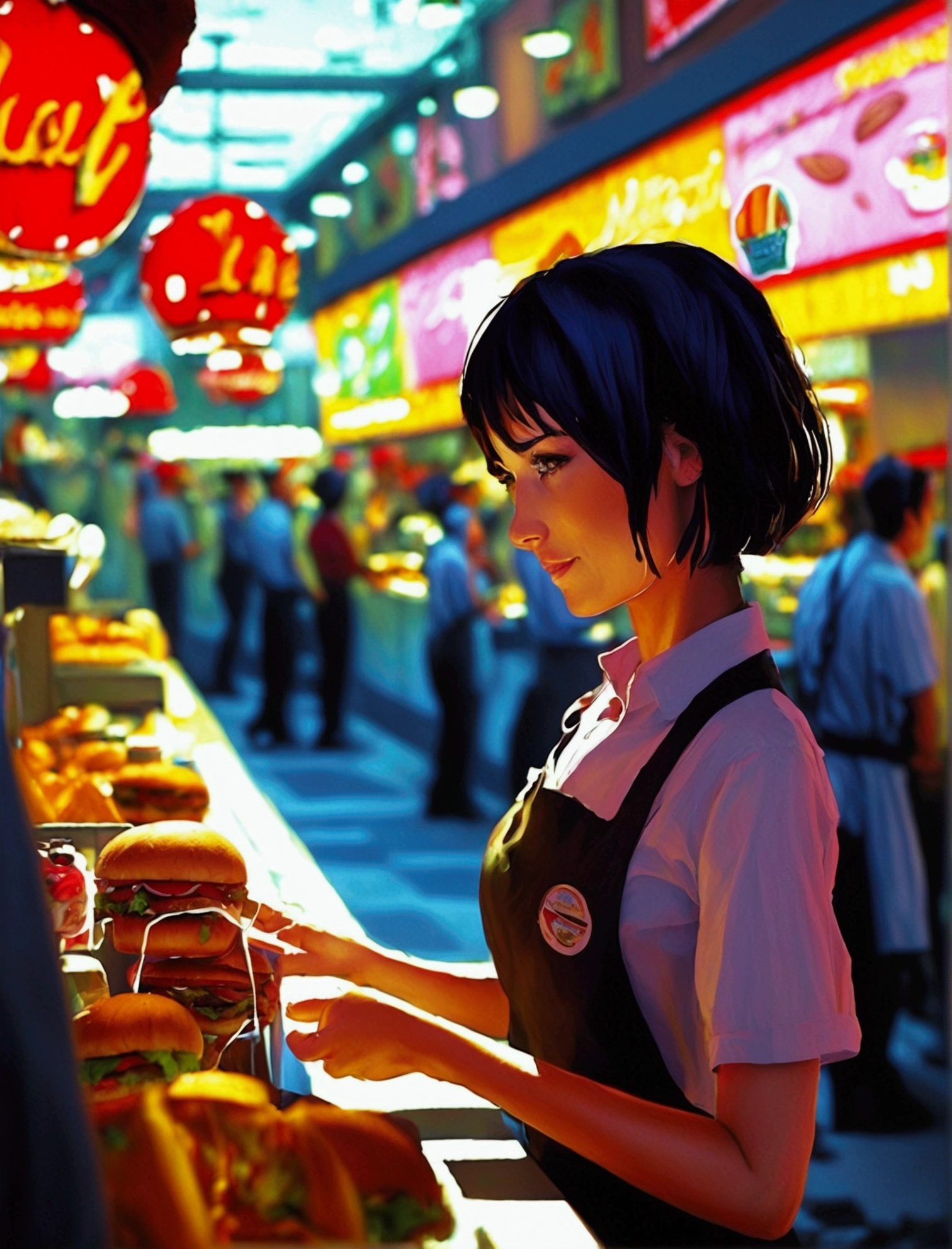 Aphotorealistic, ultra-detailed representation of a dedicated fast food worker serving customers behind the counter in an upper body shot. The individual, showcasing a genuine smile, is skillfully multitasking, handling various orders with precision and attention to detail. Their uniform, emblazoned with the familiar logos of the fast food chain, is worn neatly, and their hands move with dexterity as they assemble meals. The background is a blur of movement, customers lining up to place their orders. The scene is brightly lit, highlighting the worker's focused expression and the intricate mechanisms of the fast food assembly line. The image is shot in 8K UHD, gigantic breasts, giga_busty
