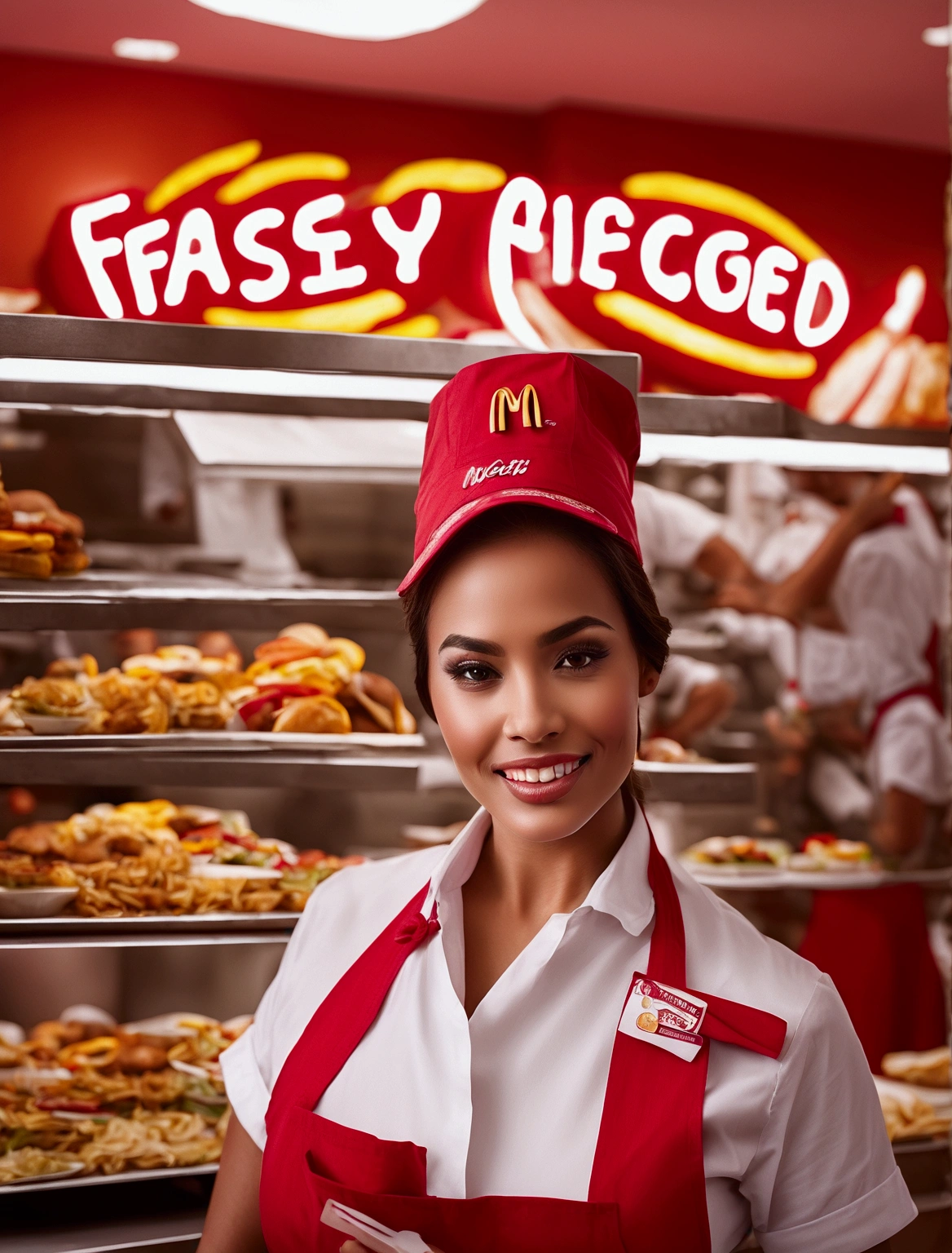 Aphotorealistic, ultra-detailed representation of a dedicated fast food worker serving customers behind the counter in an upper body shot. The individual, showcasing a genuine smile, is skillfully multitasking, handling various orders with precision and attention to detail. Their uniform, emblazoned with the familiar logos of the fast food chain, is worn neatly, and their hands move with dexterity as they assemble meals. The background is a blur of movement, customers lining up to place their orders. The scene is brightly lit, highlighting the worker's focused expression and the intricate mechanisms of the fast food assembly line. The image is shot in 8K UHD, gigantic breasts, giga_busty