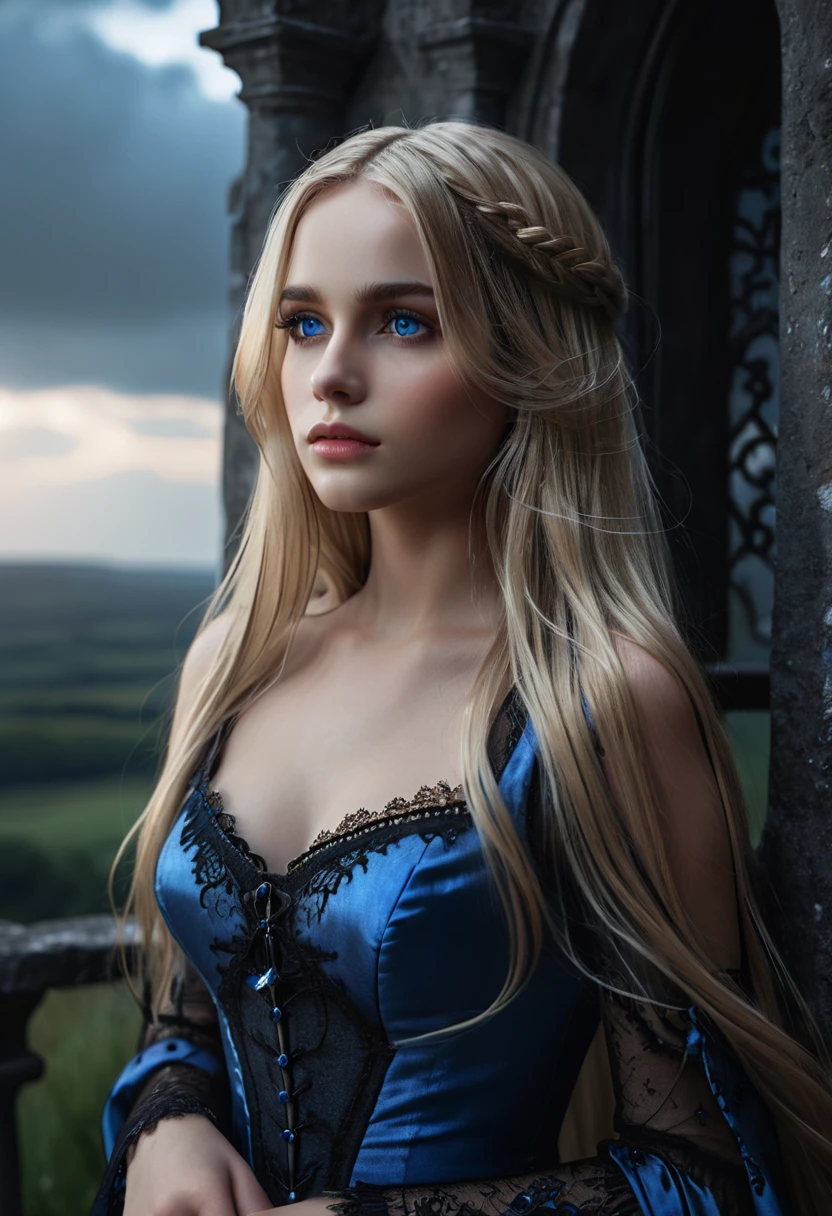 (Highly detailed CG Unity 8k wallpaper,masterpiece, Highest quality, Super detailed),(Best lighting, Best Shadow, Very delicate and beautiful),floating,High saturation,bionde+blue eyes:1.2,Gloomy Gothic Landscape, Long Hair, Gazing into the distance. (Beautiful girl with long blonde hair and sparkling blue eyes gothic lighting)