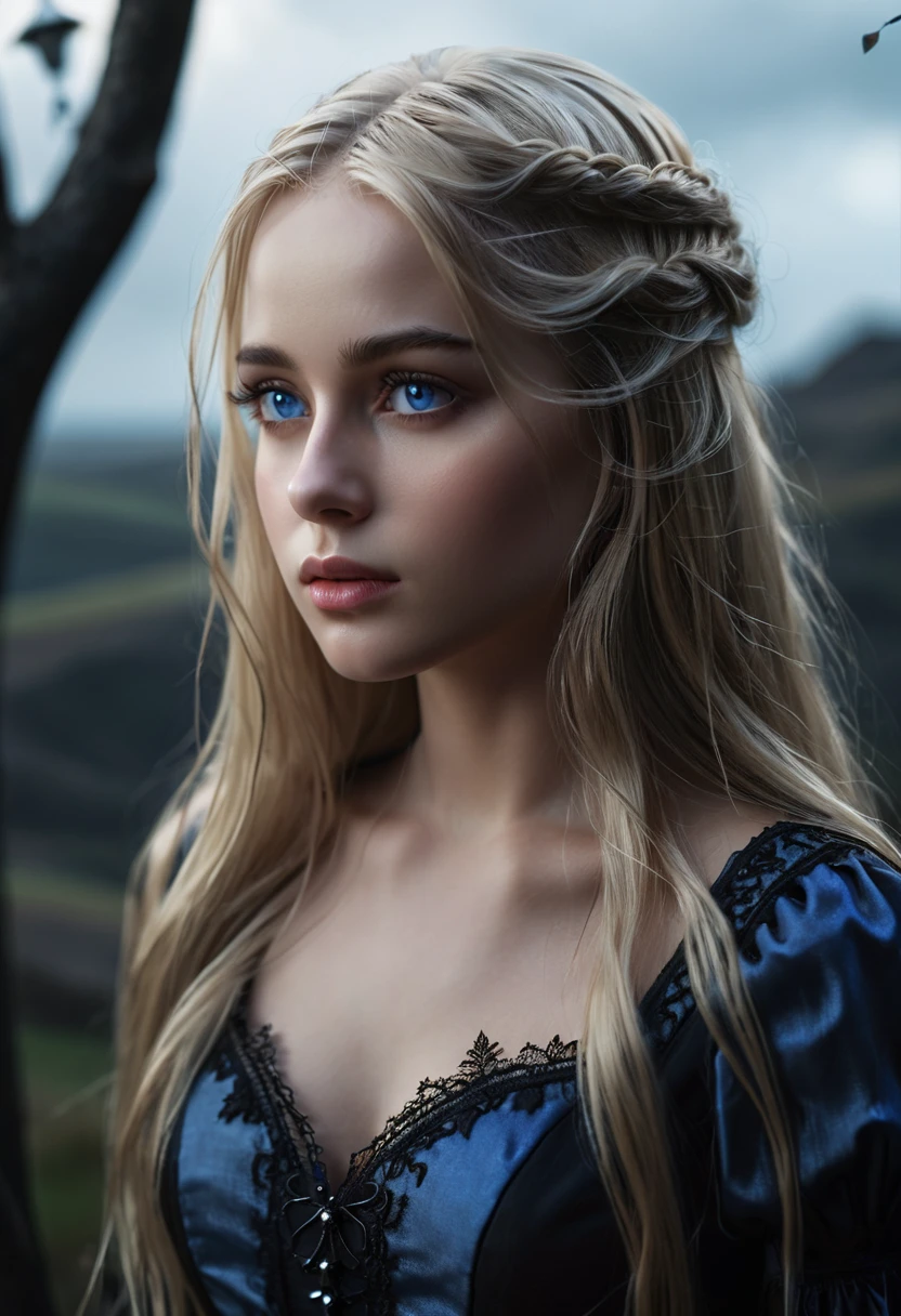(Highly detailed CG Unity 8k wallpaper,masterpiece, Highest quality, Super detailed),(Best lighting, Best Shadow, Very delicate and beautiful),floating,High saturation,bionde+blue eyes:1.2,Gloomy Gothic Landscape, Long Hair, Gazing into the distance. (Beautiful girl with long blonde hair and sparkling blue eyes gothic lighting)