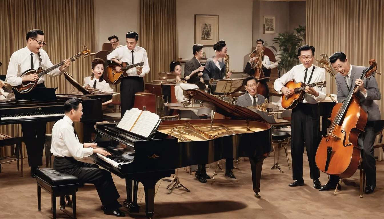Jazz band playing in the room、womanは美peopleで色っぽい、1950s、Design drawings from the 50s、Each has an instrument、woman3people、There is movement、