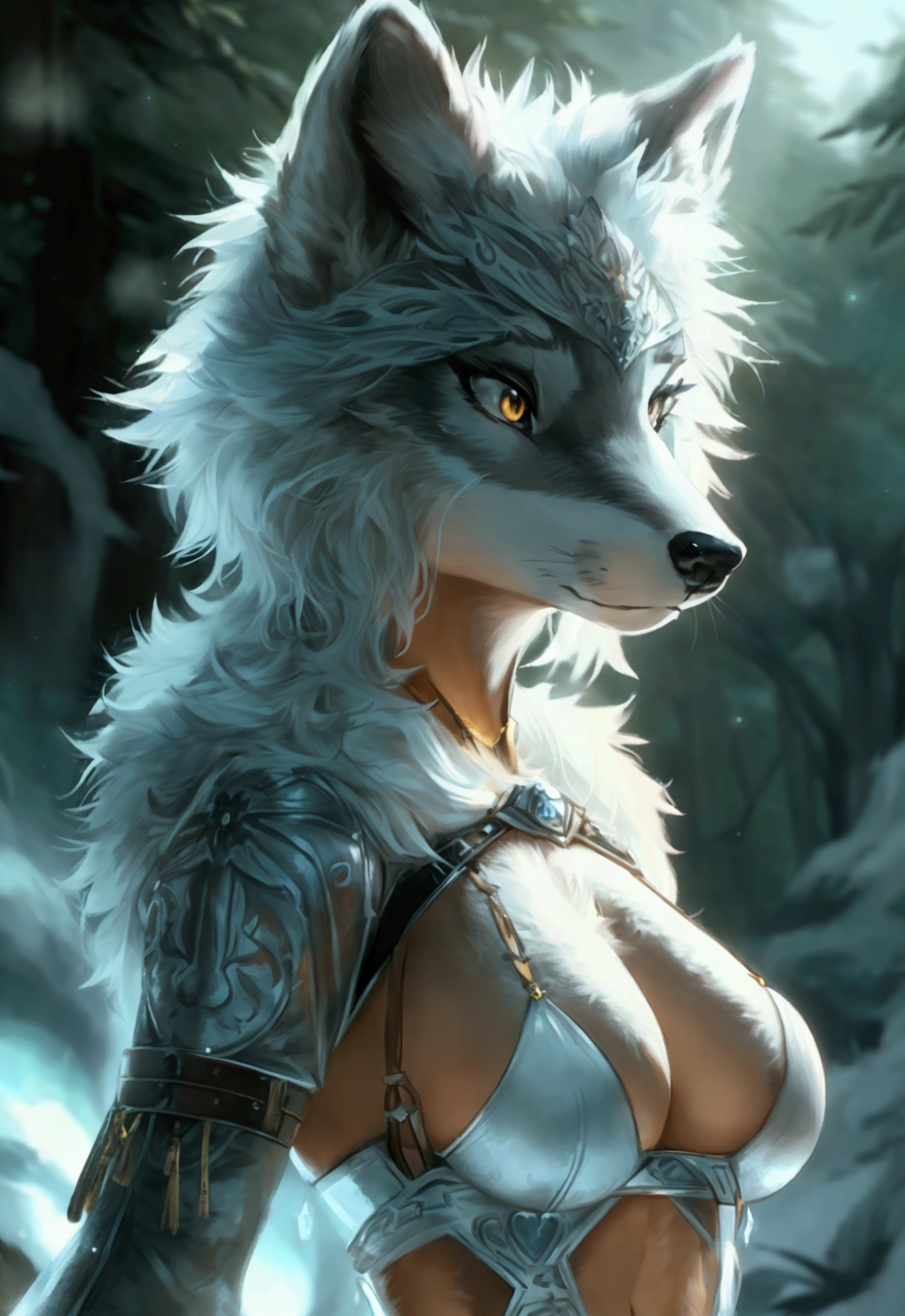 wolf, fur covering her chest, fluffy chest, furr covering her chest, thicc, furry chest, very very beautiful furry art, female anthropomorphic wolf, breasts covered and sfw,wearing a bodysuit