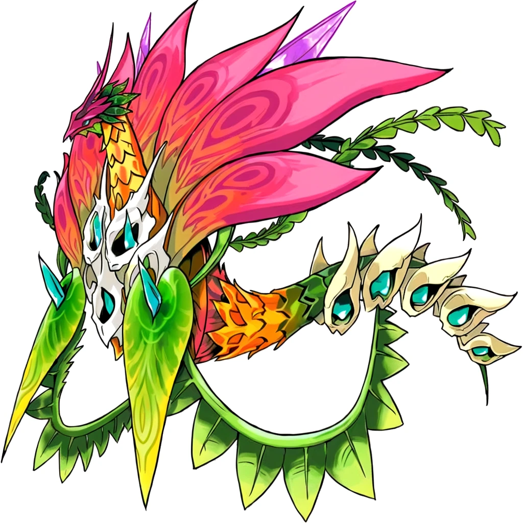 there is a drawing of a dragon with a skull and a flower, a humanoid thistle monster, jellyfish phoenix dragon, vegetal dragon cyborg, fancily decorated flamboyant, quetzalcoatl, a plant monster, a beautiful detailed orixa, plant monster, digital painting of quetzalcoatl, flower shaman, species fusion, sleek mecha female dragon head