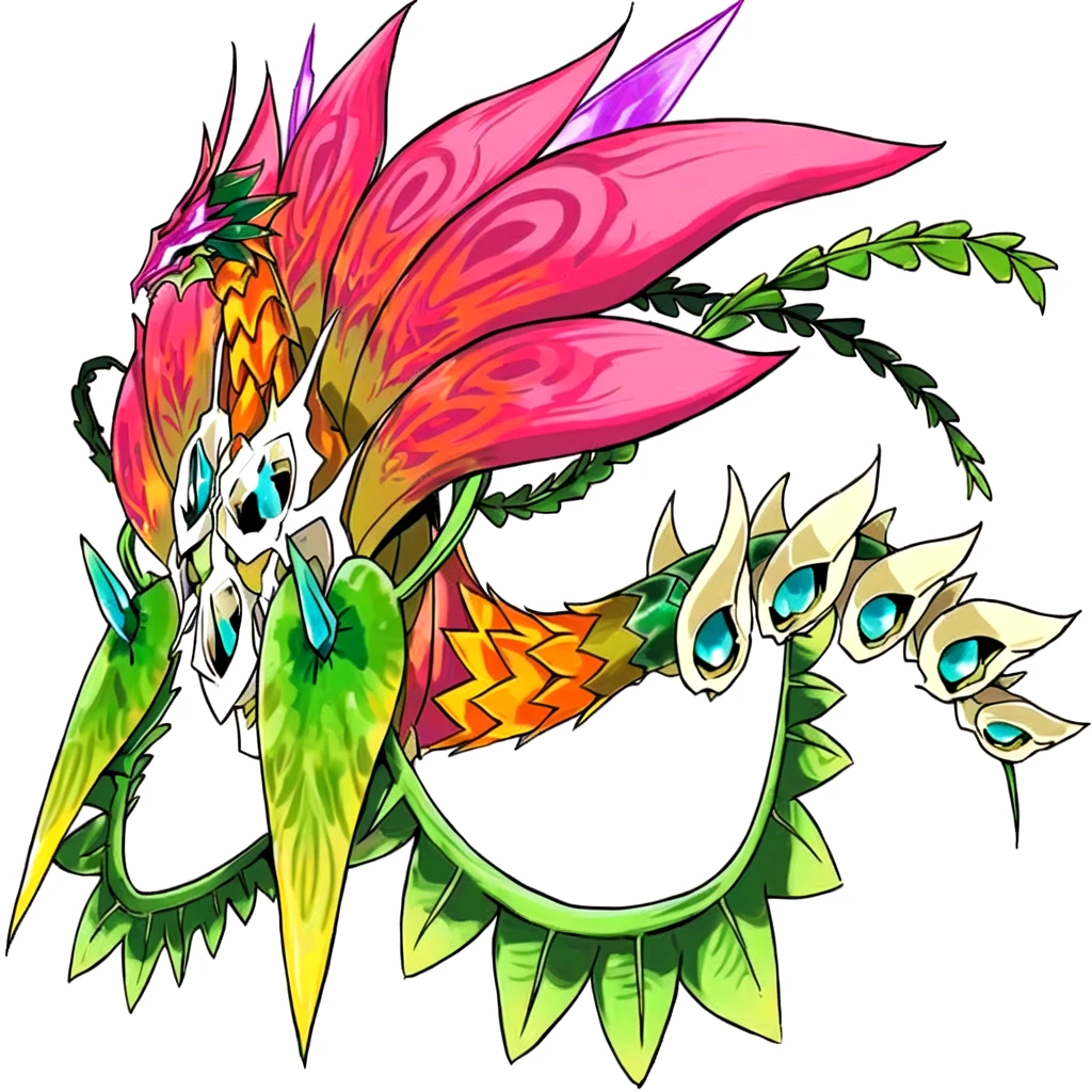 there is a drawing of a dragon with a skull and a flower, a humanoid thistle monster, jellyfish phoenix dragon, vegetal dragon cyborg, fancily decorated flamboyant, quetzalcoatl, a plant monster, a beautiful detailed orixa, plant monster, digital painting of quetzalcoatl, flower shaman, species fusion, sleek mecha female dragon head