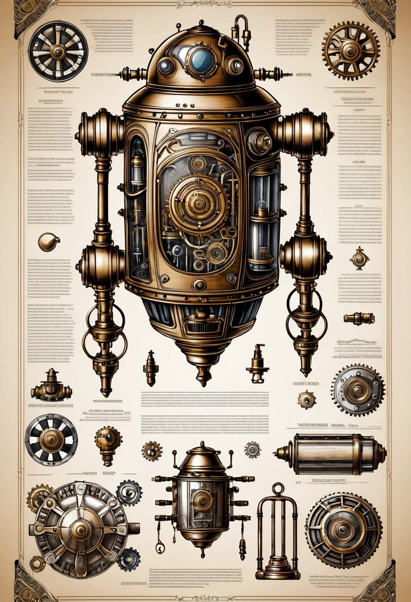 Full page concept design of an organic robotic device, Steampunk Blueprints, Intricate details, Ink on paper, scientific, Highly detailed labels, Poster  
