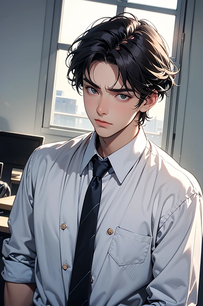 A handsome man in his 20s wearing a business suit is making a displeased, sulking expression inside his office during the day. He has a clean-cut, neatly styled short hairstyle. The background features a modern office setting with desks and office equipment visible, and bright sunlight streaming through the windows.