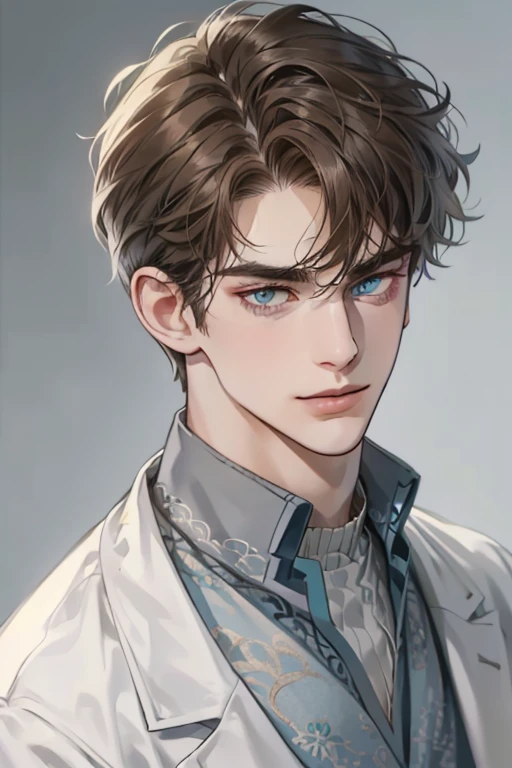masterpiece, best quality, realistic, 1man, mature male, quiet and charming young man, 25 year old, serious look, closed mouth, portrait, extremely detailed face, cold smile, ((blue grey eyes)), ((short-right-swept dark brown hair)), [thick eyebrows], ((suit)), handsome, full body, western, Jewish, light brown skin,