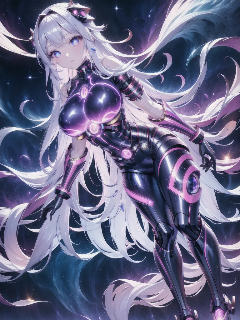 Super cute ai girl with sparkling eyes full body 3D image, 1, Nice eyes, big eyes, beautiful, happy, C4D, Long white hair, Kawaii, Humanoid, AIBionic Man,Silver lines,Metal patch,Mechanical accessories,Bionic Man,脸上Silver lines。
