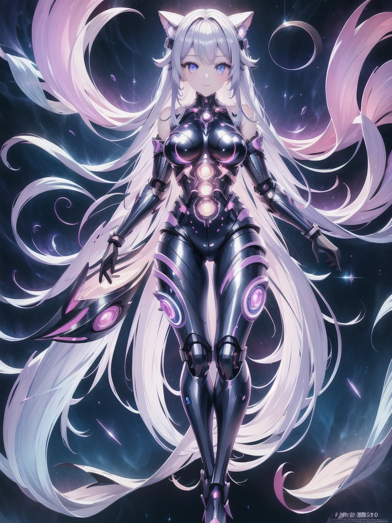 Super cute ai girl with sparkling eyes full body 3D image, 1, Nice eyes, big eyes, beautiful, happy, C4D, Long white hair, Kawaii, Humanoid, AIBionic Man,Silver lines,Metal patch,Mechanical accessories,Bionic Man,脸上Silver lines。
