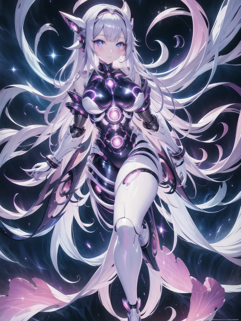 Super cute ai girl with sparkling eyes full body 3D image, 1, Nice eyes, big eyes, beautiful, happy, C4D, Long white hair, Kawaii, Humanoid, AIBionic Man,Silver lines,Metal patch,Mechanical accessories,Bionic Man,脸上Silver lines。
