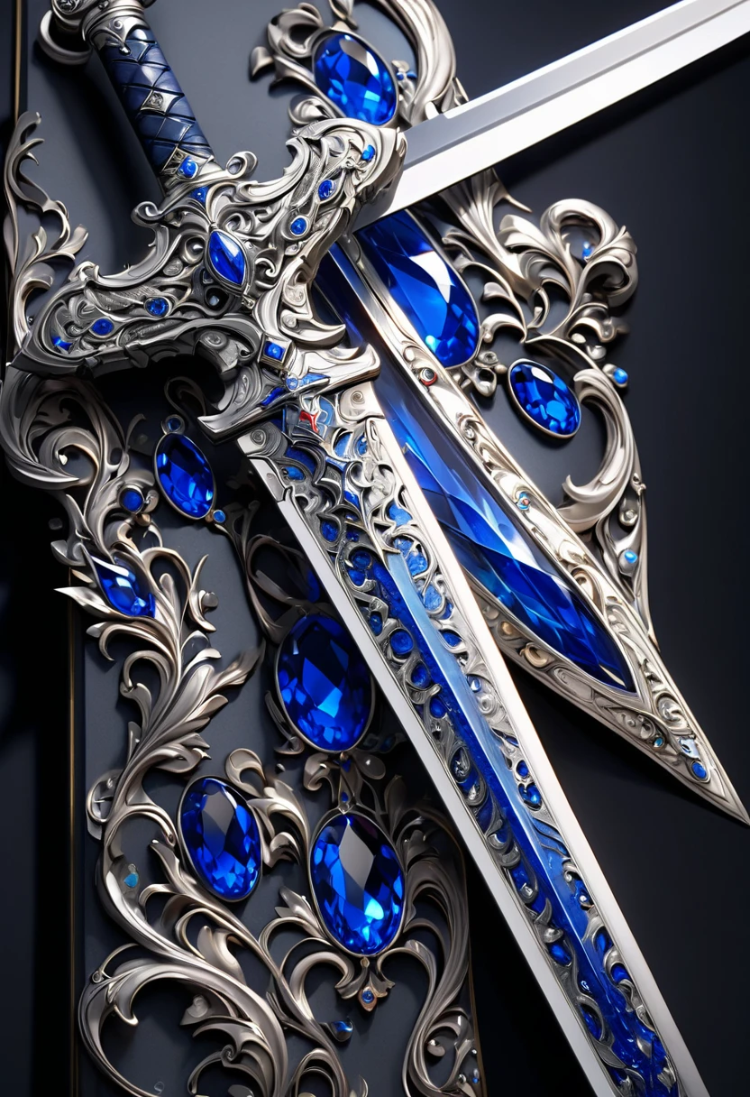 masterpiece, 8k, best quality, highly detailed, a short sword made of silver, embedded with blue uncut gemstones