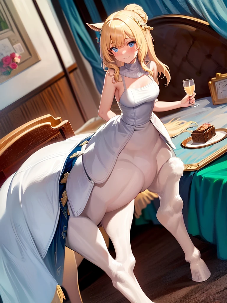 1girl, centaur, blonde hair, medium hair, blue eyes, white wedding dress, happy face, blush, looking at viewer, bedroom, bed,