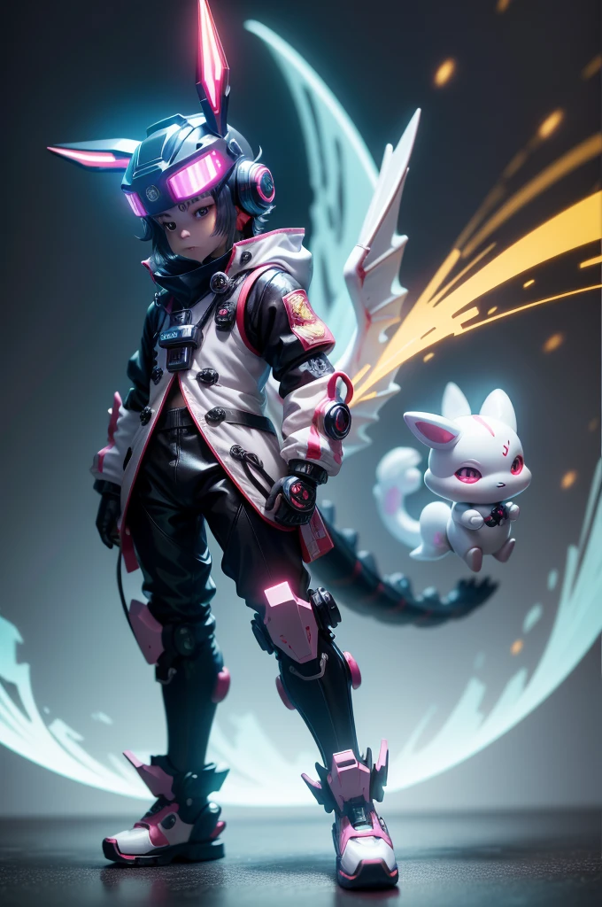chinesedragon, (Blind box toy style:1.2), (Full body shot) , 1 Transparent cute girl,Behind him is a transparent and cute rabbit, Transparent mech, Exquisite helmet:1.2, Luminous goggles:1.2, Cyberpunk, dreamy glow, luminous neon lights, Clean, White background, ( Global illumination, Ray traching, hdr, unreal render,reasonable design, high detal, Masterpiece, Best quality, hyper HD, Cinematic lighting)