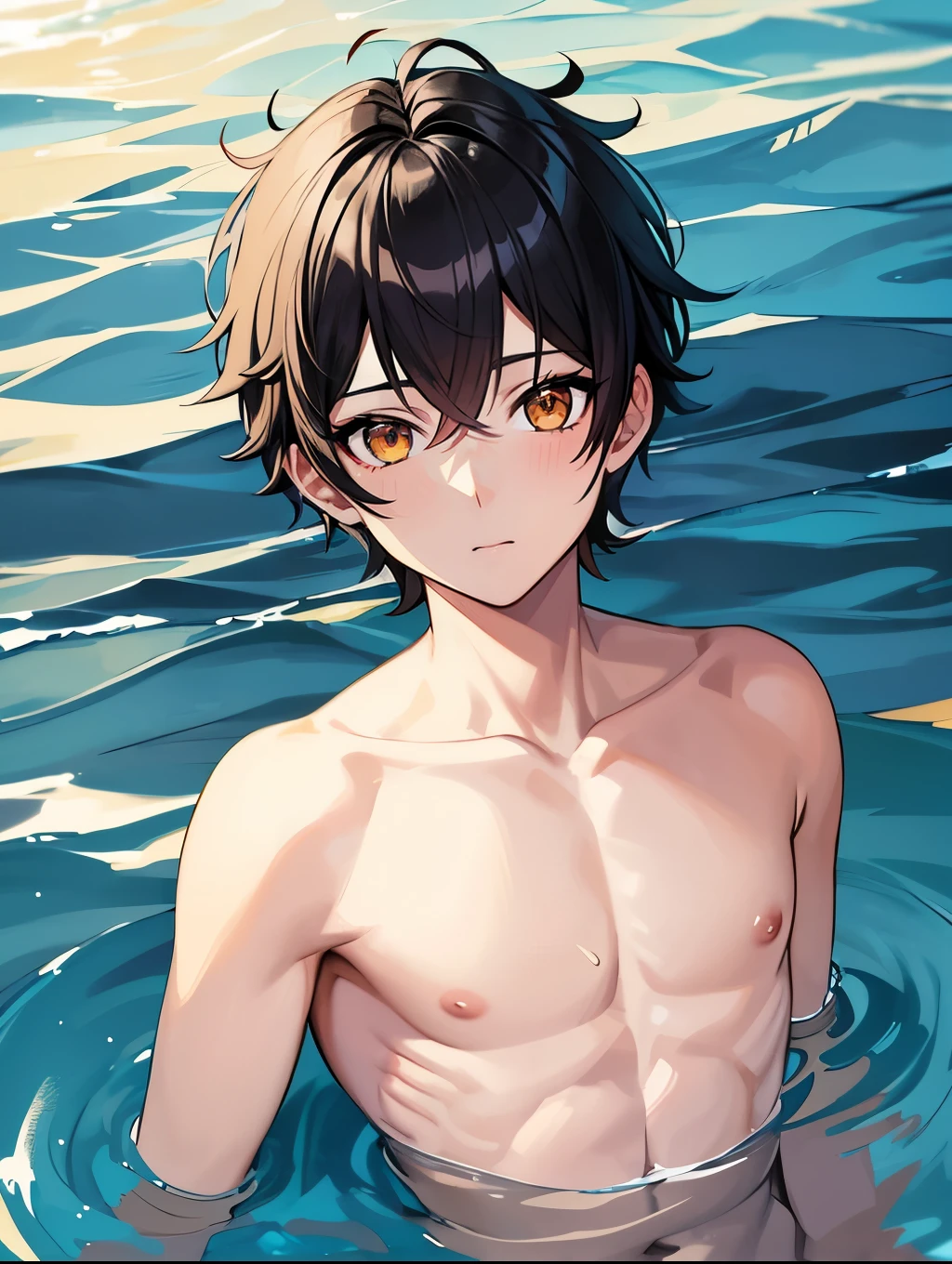 anime boy, manwha, semi realistic, short black hair, golden eyes, soft features, , tende, swimming in beach using Duckling floats