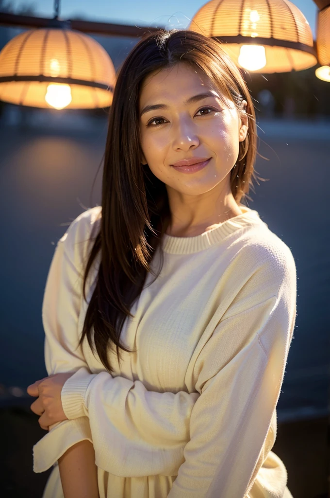 (8K、RAWE Photo、Highest quality、masterpiece:1.2)、(Real、Photorealistic:1.37)、Super detailed、Ultra-high resolution、1 girl、Beautiful detailed face、(Feather Cut: 0.6)、Professional Lighting、The lighting is bright、actress、model、Japanese、Full body、Wide-angle shot、Daytime、bright、 simple background ,Simple Background、Model posing, full body , cowboy shot ,40-year-old woman、、smile、