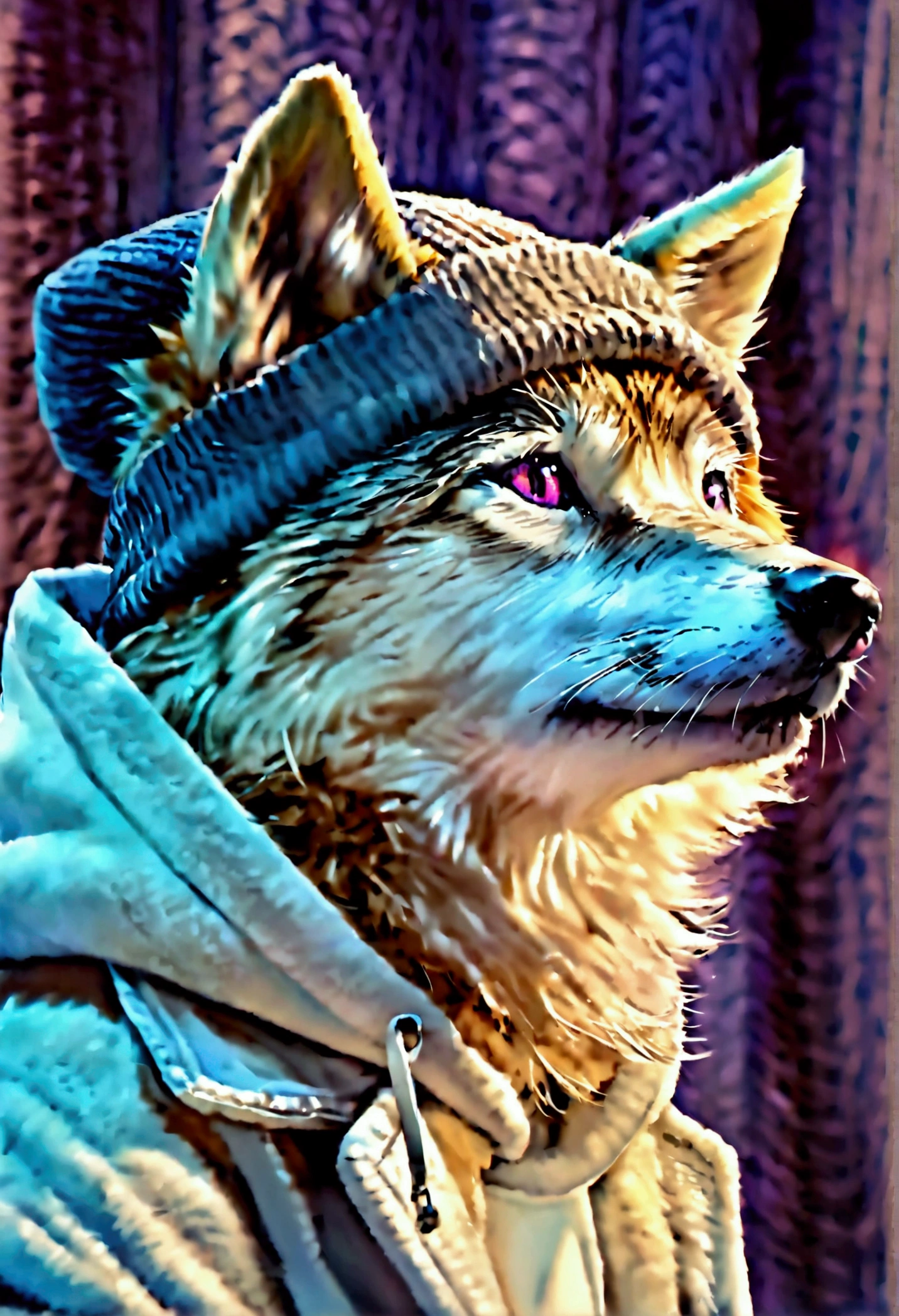 Wolf Hair、Purple eyes、Long eyeliner、I like Shiba Inu, Cat, smile,He is wearing a white hoodie and a grey hat..,Long light blonde hair。