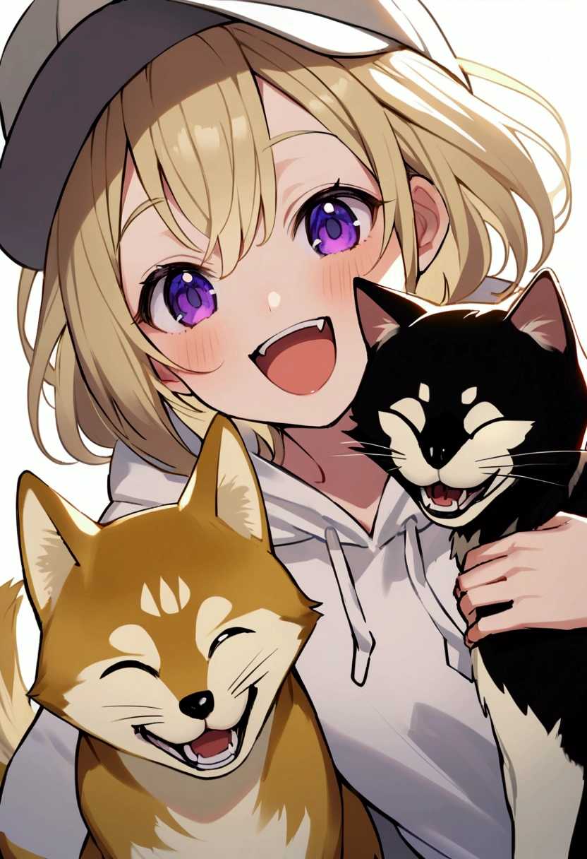 Wolf Hair、Purple eyes、Long eyeliner、I like Shiba Inu, Cat, smile,He is wearing a white hoodie and a grey hat..,Long light blonde hair。