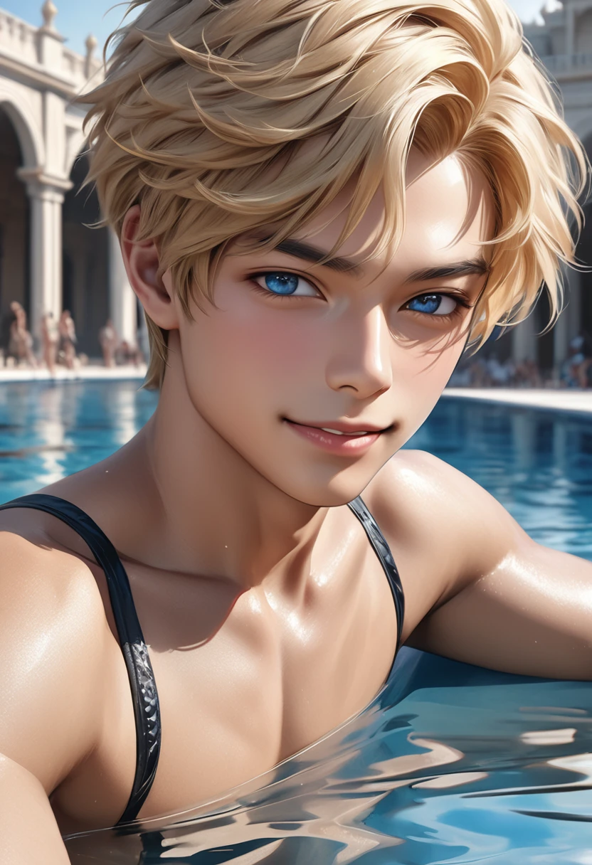 high quality, detailed, photo Realistic, (22 years old tanned japanese idol boy), (detailed blue eyes), (blond short hair),(tanned shiny skin:1.3), black tiny thong, bulge,(detailed nipples), palace pool, (best quality,4k,8k,highres,masterpiece:1.2), (face close up:0.8),(realistic,photorealistic,photo-realistic:1.37), smirk