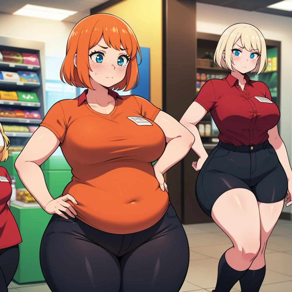 ((highres)), Masterpiece, high quality, best quality, beautiful, perfect lighting, detailed face, ultra cute face, ((2girls)), ((blush)), one girl has blonde hair, blue eyes, red shirt, black pants, work uniform, one girl has orange hair, green eyes, red shirt, black pants, work uniform ,tight clothes, super market, medium breasts, perky breasts, wide hips, (thick thighs), chubby, standing next to each other, 