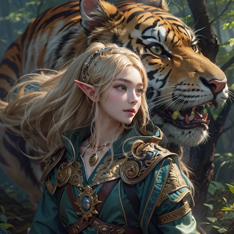 Hair flow、 ((Highest quality、masterpiece、8K、Best image quality、Ultra-high resolution、Award-winning works)、(Accurate anatomy:1.1)、(Look at me and smile:1.1)、Shining fair skin with Ultra-high resolution、The most detailed face、Ultra-high resolution detailed face、Ultra-high resolutionのblond hair、(Ultra-high resolution eye:1.1)、Beautiful face drawn in every detail、Georgian traditional costume , Chest to chest,  Strange atmosphere, Next to him stands a real sabre-toothed tiger, Dark Light, in the forest , Heavy makeup、Elf Ears、