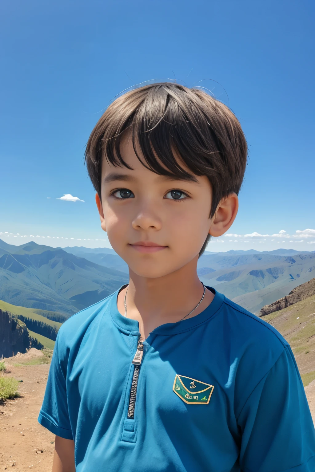 Greem graas a boy see in blue sky small mountain