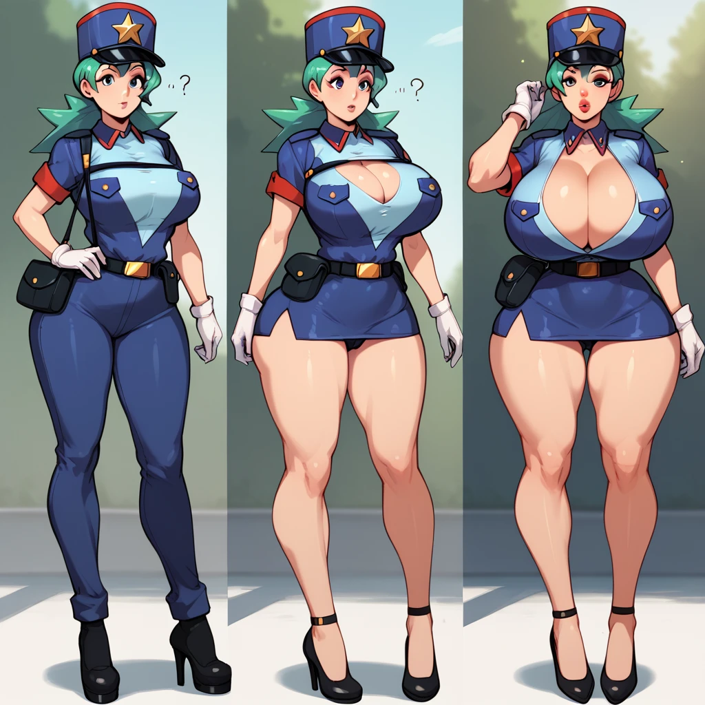 score_9 score_9,score_8_up,score_7_up, (pkmnJenny), 1girl, green hair, blue hat, star hat, police uniform, blue shirt, short sleeves, belt, pencil skirt, white gloves, black high heels, b1mbofication, before and after, (transformation), hypnosis, (huge breasts), (huge ass), (full lips, vivid lips), (bare midriff), (cameltoe), (cleavage), (makeup), (shiny body),