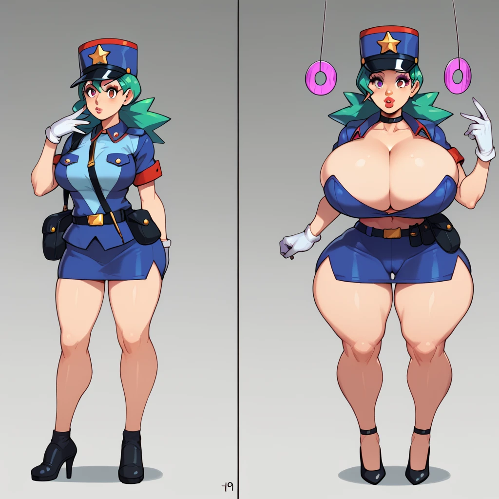 score_9 score_9,score_8_up,score_7_up, (pkmnJenny), 1girl, green hair, blue hat, star hat, police uniform, blue shirt, short sleeves, belt, pencil skirt, white gloves, black high heels, b1mbofication, before and after, (transformation), hypnosis, (huge ), (huge ass), (l lips, vivid lips), (bare midriff), (cameltoe), (cleavage),), (shiny body),