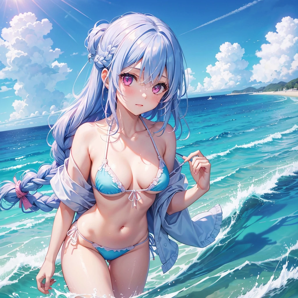 (Sky blue medium hair),(Braided hair tied together)、Pink eyes、Fair skin、(whole body)、(One Girl)、bikini、Luxurious sunglasses、Shining white sand beach in midsummer、Okinawa&#39;s ocean、A happy smile、、(masterpiece、Highest quality、Very detailed、Best Shadow)、(Detailed Background)、(Beautifully detailed face)、High contrast、(Best lighting、Very delicate and beautiful)、((Cinematic Light))、colorful、Hyper Detail、Dramatic Light、Exquisite detail、Standing with your legs apart