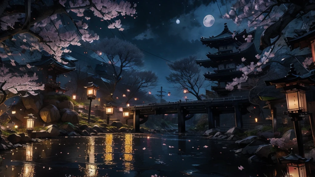 Kyoto、Streetscape、Fantasy、night、moon、cherry blossomachiya、Early 20th century Japanese landscape、