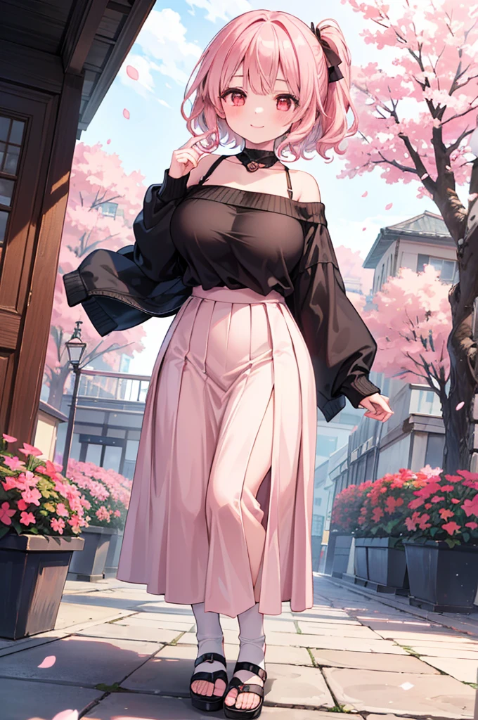 ((Masterpiece)),((high resolution)),((Best Quality)),Anime illustration,(((1girl))),,(wavy hair),(short hair),(pale pink hair color),small ponytail,Red eyes,(Big round eyes),((tareme)),,((loli face)),ry big breasts)),Short stature,,Off-the-shoulder sweater,(long maxi skirt),smile,Ladylike,cherry blossoms,