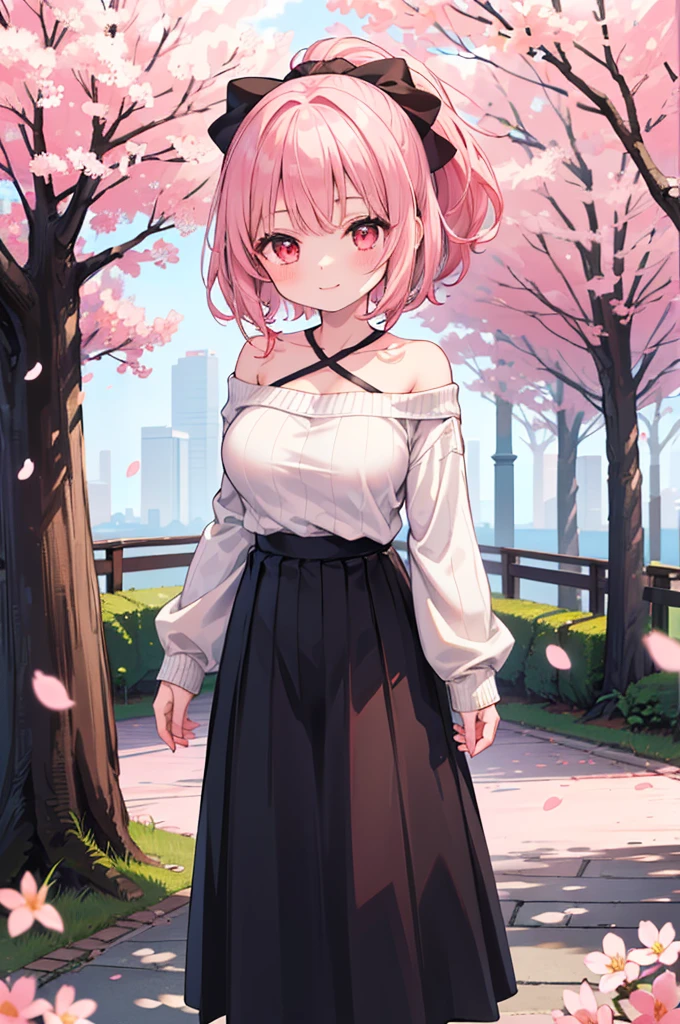 ((Masterpiece)),((high resolution)),((Best Quality)),Anime illustration,(((1girl))),,(wavy hair),(short hair),(pale pink hair color),small ponytail,Red eyes,(Big round eyes),((tareme)),,((loli face)),ry big breasts)),Short stature,,Off-the-shoulder sweater,(long maxi skirt),smile,Ladylike,cherry blossoms,