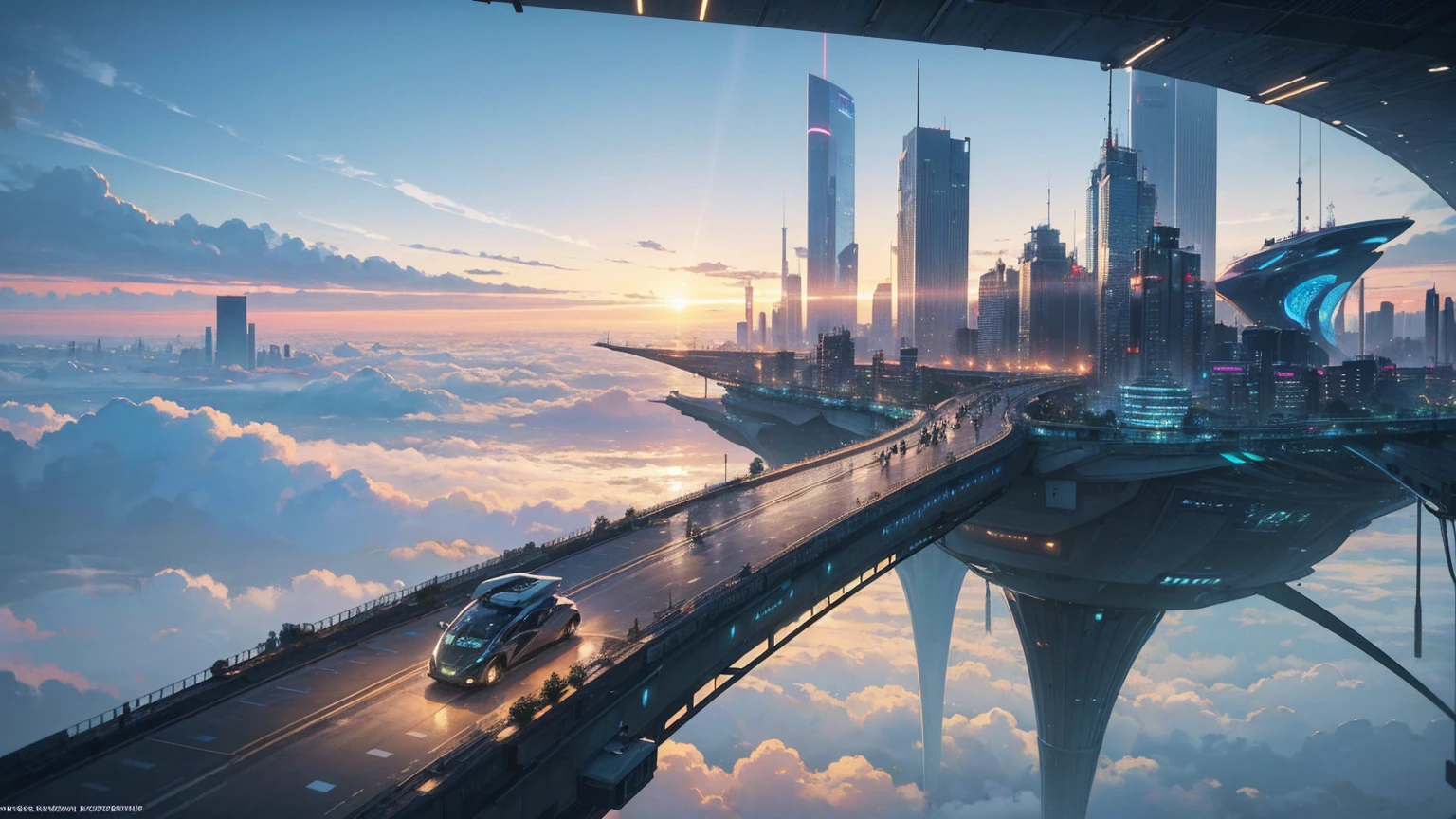 (Best quality,4K,8K,A high resolution,Masterpiece:1.2),Ultra-detailed,(Realistic,Photorealistic,photo-realistic:1.37),Futuristic floating city,Futuristic technology,Huge urban high-tech tablet platform,Airship,Floating in the sky,Futuristic city,Small airships around,High-tech hemispherical platform,Colorful lights,Advanced architecture,modernn architecture,skyscrapper,Access the cloud,Scenic beauty,view over city,Impressive design,Blend seamlessly with nature,energetic and vibrant atmosphere,Futuristic transportation system,Parking is suspended,Transparent path,Lush greenery,Sky gardens,cascading waterfalls,Magnificent skyline,reflections on the water,Sparkling river,Architectural innovation,futuristic skyscrapers,Transparent dome,The shape of the building is unusual,Elevated walkway,Impressive skyline,Glowing lights,Futuristic technology,Minimalist design,Scenic spots,Panoramic view,Cloud Piercing Tower,Vibrant colors,epic sunrise,epic sunset,Dazzling light display,magical ambiance,The future city,Urban Utopia,LuxuryLifestyle,Innovative energy,sustainable development,Smart city technology,Advanced infrastructure,Tranquil atmosphere,Nature and technology live in harmony,Awesome cityscape,Unprecedented urban planning,Architecture connects seamlessly with nature,High-tech metropolis,A cutting-edge engineering marvel,The future of urban living,Visionary architectural concept,Energy-efficient buildings,Harmony with the environment,A city floating above the clouds,Utopian dreams become reality,The possibilities are endless,State-of-the-art transportation network,Green energy integration,Innovative materials,Impressive holographic display,Advanced communication system,Breathtaking aerial view,Quiet and peaceful environment,Modernist aesthetics,Ethereal beauty