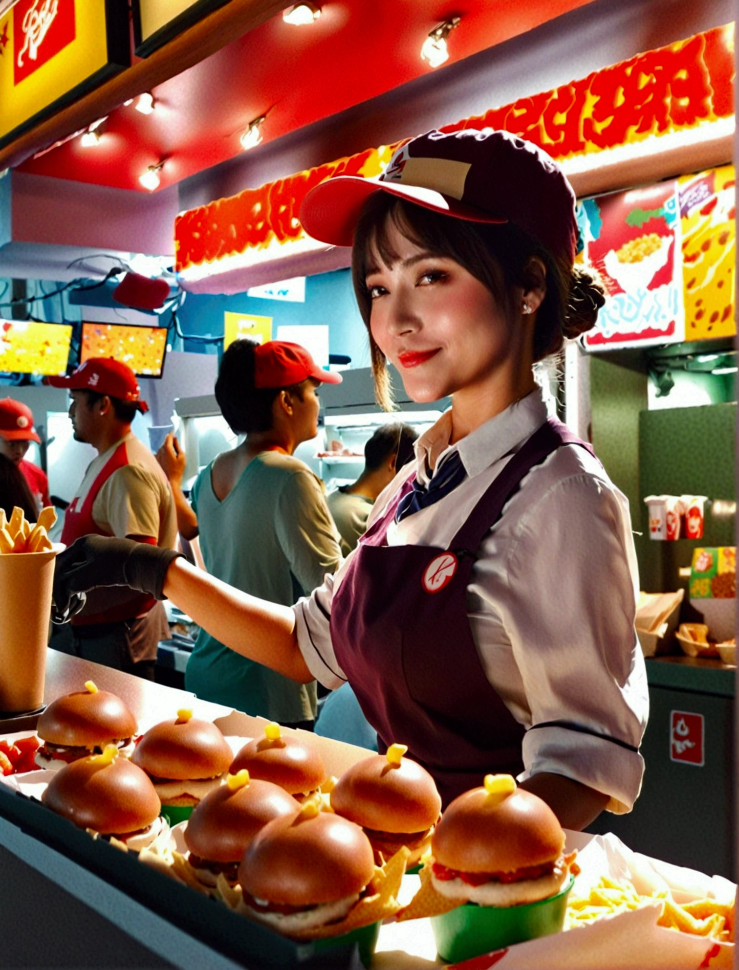 Aphotorealistic, ultra-detailed representation of a dedicated fast food worker serving customers behind the counter in an upper body shot. The individual, showcasing a genuine smile, is skillfully multitasking, handling various orders with precision and attention to detail. Their uniform, emblazoned with the familiar logos of the fast food chain, is worn neatly, and their hands move with dexterity as they assemble meals. The background is a blur of movement, customers lining up to place their orders. The scene is brightly lit, highlighting the worker's focused expression and the intricate mechanisms of the fast food assembly line. The image is shot in 8K UHD, gigantic breasts, giga_busty