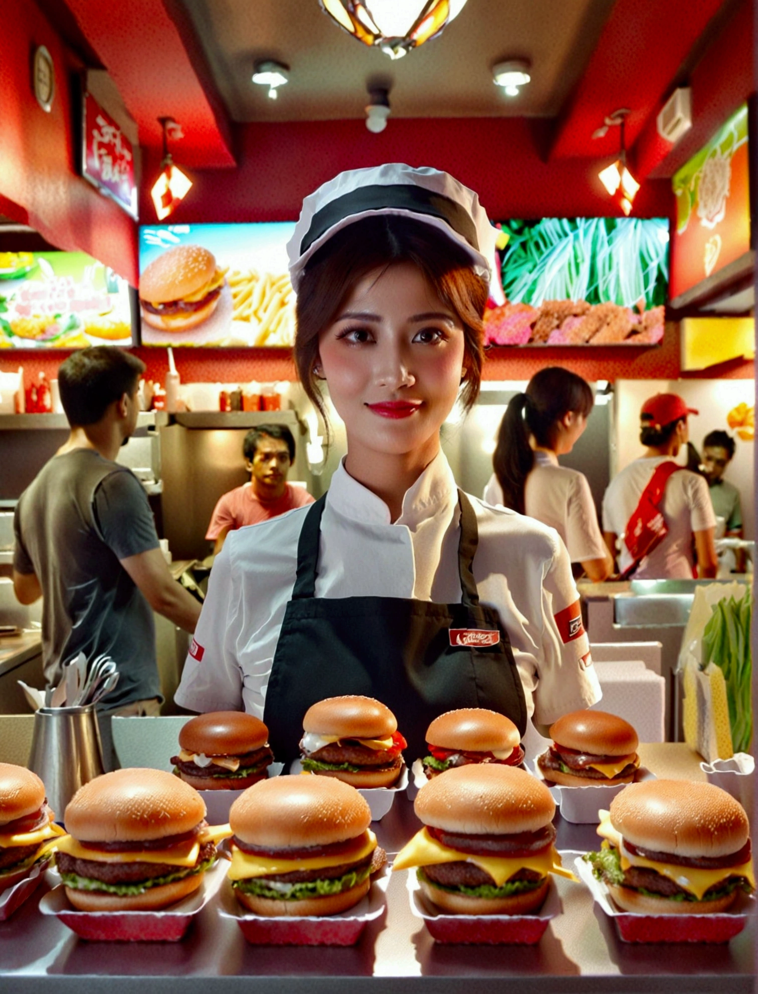 Aphotorealistic, ultra-detailed representation of a dedicated fast food worker serving customers behind the counter in an upper body shot. The individual, showcasing a genuine smile, is skillfully multitasking, handling various orders with precision and attention to detail. Their uniform, emblazoned with the familiar logos of the fast food chain, is worn neatly, and their hands move with dexterity as they assemble meals. The background is a blur of movement, customers lining up to place their orders. The scene is brightly lit, highlighting the worker's focused expression and the intricate mechanisms of the fast food assembly line. The image is shot in 8K UHD, gigantic breasts, giga_busty