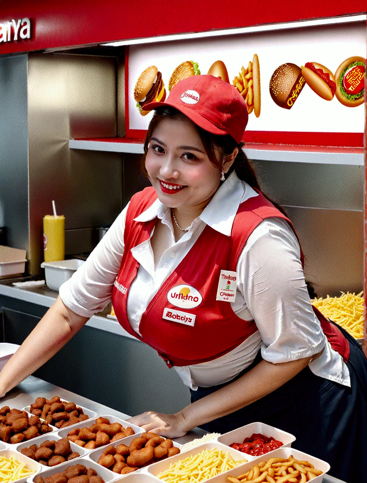 Aphotorealistic, ultra-detailed representation of a dedicated fast food worker serving customers behind the counter in an upper body shot. The individual, showcasing a genuine smile, is skillfully multitasking, handling various orders with precision and attention to detail. Their uniform, emblazoned with the familiar logos of the fast food chain, is worn neatly, and their hands move with dexterity as they assemble meals. The background is a blur of movement, customers lining up to place their orders. The scene is brightly lit, highlighting the worker's focused expression and the intricate mechanisms of the fast food assembly line. The image is shot in 8K UHD, gigantic breasts, giga_busty