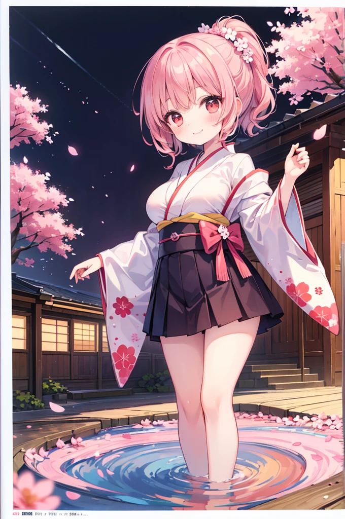 ((Masterpiece)),((high resolution)),((Best Quality)),Anime illustration,(((1girl))),,(wavy hair),(short hair),(pale pink hair color),small ponytail,Red eyes,(Big round eyes),((tareme)),15 years old,((loli face)),((very big breasts)),Short stature,,kimono,mini skirt,smile,Ladylike,cherry blossoms,