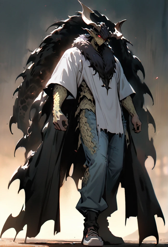 (High resolution, best quality, masterpiece), detailed, ultra detail, 1male, physically fit, muscular body, fierce expression, dark eyes, (detailed eyes), Yellow hair, short length hair, full body, ((dragon horns)), ((face: dragon scales)), face covered in scales, human body ((topwear: fur lined coat, bottomwear: baggy jeans)), sunny background, part draconic, somber expression, inhuman, reptilian skin
