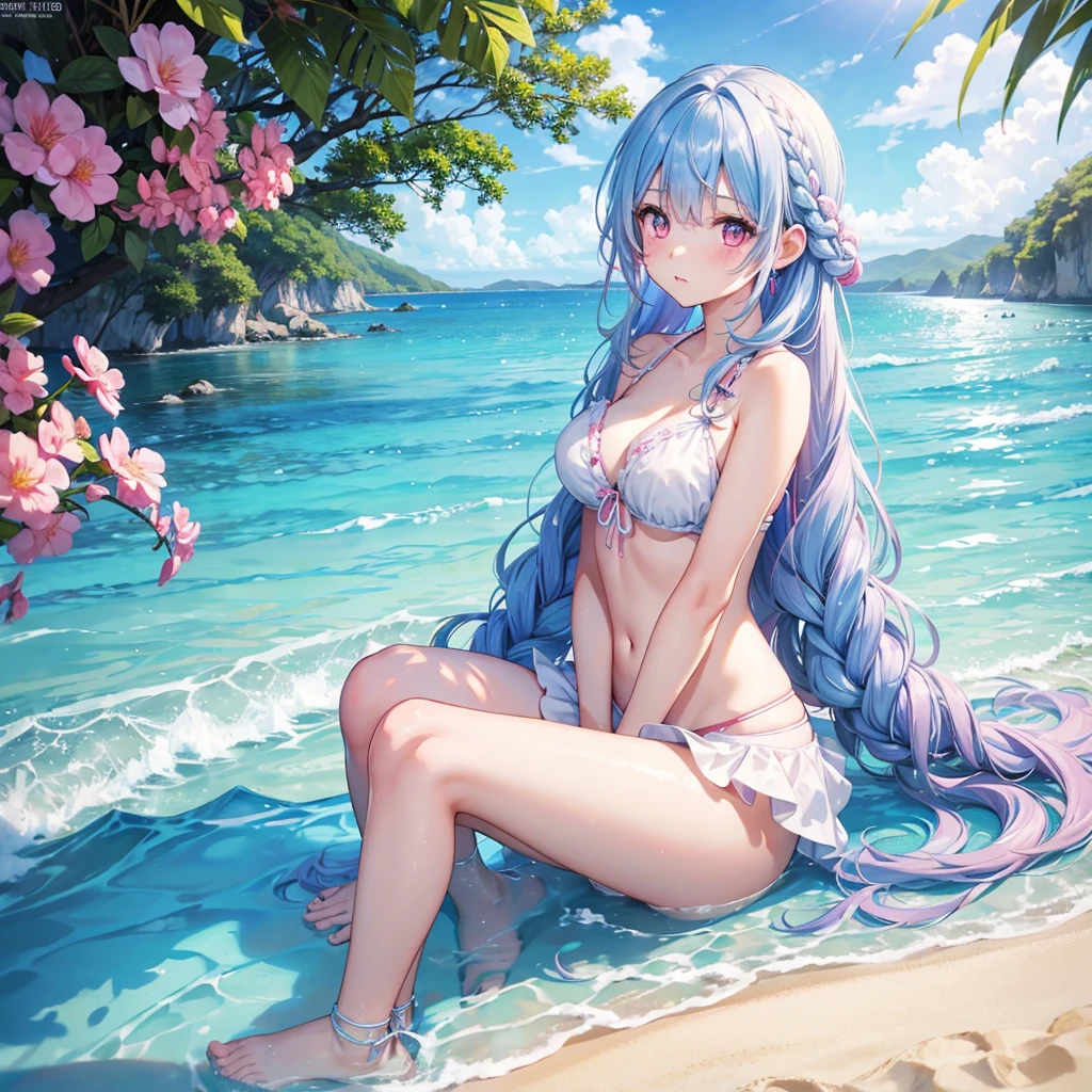 (Sky blue medium hair),(Braided hair tied together)、Pink eyes、Fair skin、(whole body)、(One Girl)、bikini、vacation、Shining white sand beach in midsummer、Okinawa's ocean、A happy smile、、(masterpiece、Highest quality、Very detailed、Best Shadow)、(Detailed Background)、(Beautifully detailed face)、High contrast、(Best lighting、Very delicate and beautiful)、((Cinematic Light))、colorful、Hyper Detail、Dramatic Light、Exquisite detail、Standing with your legs apart