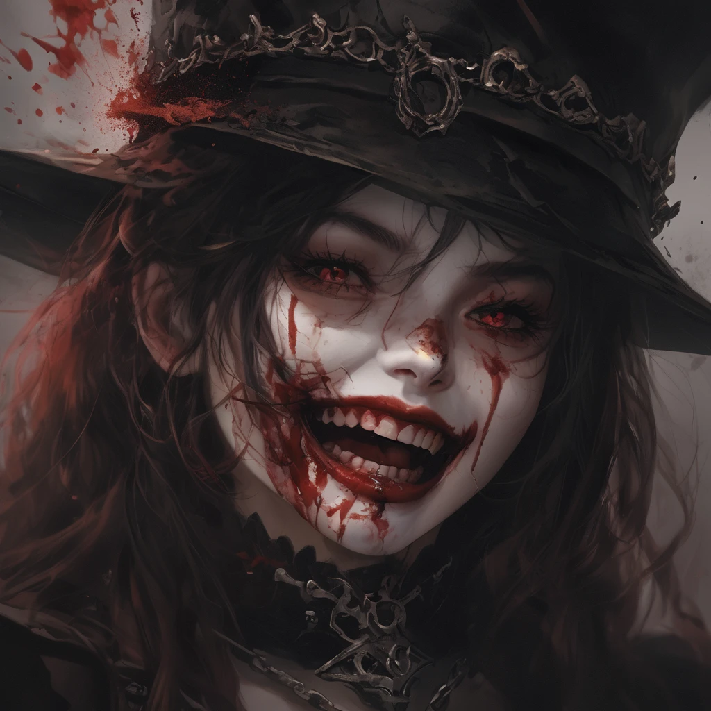 (8K, RAW Photos, Highest quality, masterpiece:1.2),(Realistic, photo-Realistic),Photo Background,face only photo,Drawing only the face,Face Up,Face Shot,Scythe Face,Girl Monster, slave,beautiful, Detailed portrait, Delicate facial features, Sharp Eye, Sharp Fangs, Pale skin, Thick Chain, Dark Background, Cinema Lighting, Dramatic Shadows, Gothic style, Gloomy atmosphere, Dark fantasy, One girl, , Open your mouth wide, Open your mouth and baring your teeth,Sharp teeth like a beast, Wide lips, very wide mouth, Vermilion cheeks, ,(Blood splatter:1.6),Scary face, Laughter　Witch design, Twisted smile、Bloodstained、bleeding from the head,、Blood splatter、,(Blood splatter:1.6),Crossbones, skull,　, Horror Style,