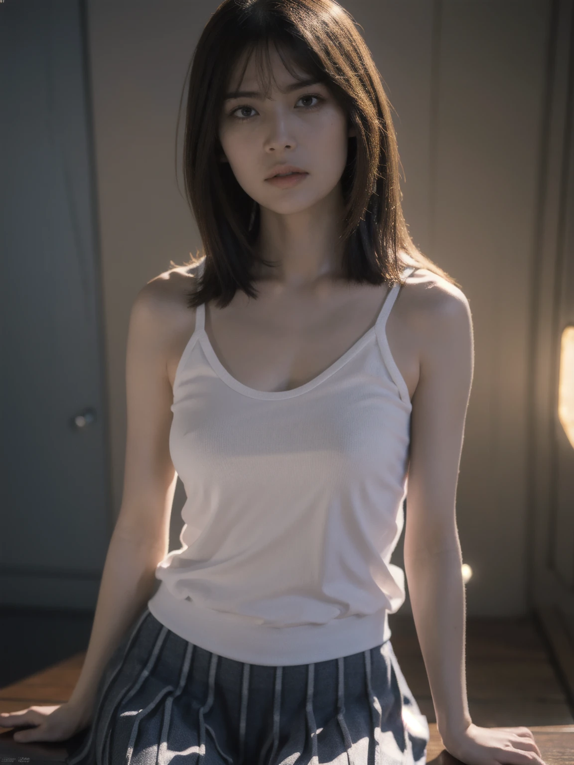 1girl, woman, masterpiece, best quality, highest quality, cinematic lighting, (volumetric lighting), extremely detailed CG unity 8k wallpaper, focused, 8k wallpaper, extremely detailed, ultra realistic, photorealistic, sharp focus, absurdres, (HDR:1.2), (high contrast), photograph, detailed and intricate, instagram, portrait, highly detailed, digital painting, artstation, concept art, smooth, sharp focus, illustration, cinematic lighting, (whole body:1.2), Big , Tanktop, short skirt, Thigh.