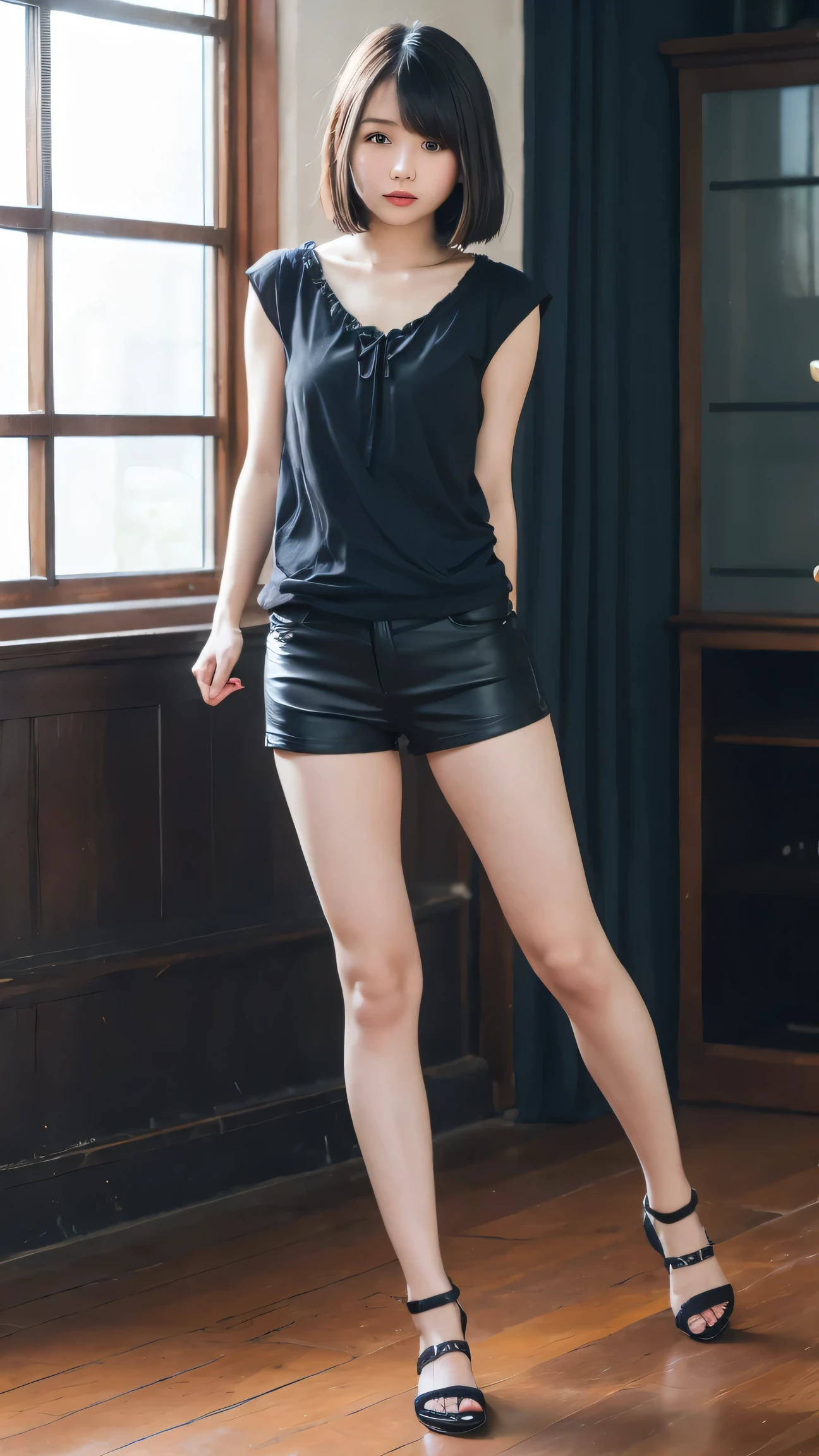 Photos taken by a professional photographer,Support your chest with your arms, Woman close up, Beautiful breasts, Shorts, Young and pretty girl, Japanese Model, Wearing a casual sleeveless shirt in random colors,Cute eyed waves for short hair, Cute young woman, Black Pantyhose,black tights, (Full-body showcase), (Show your whole body)