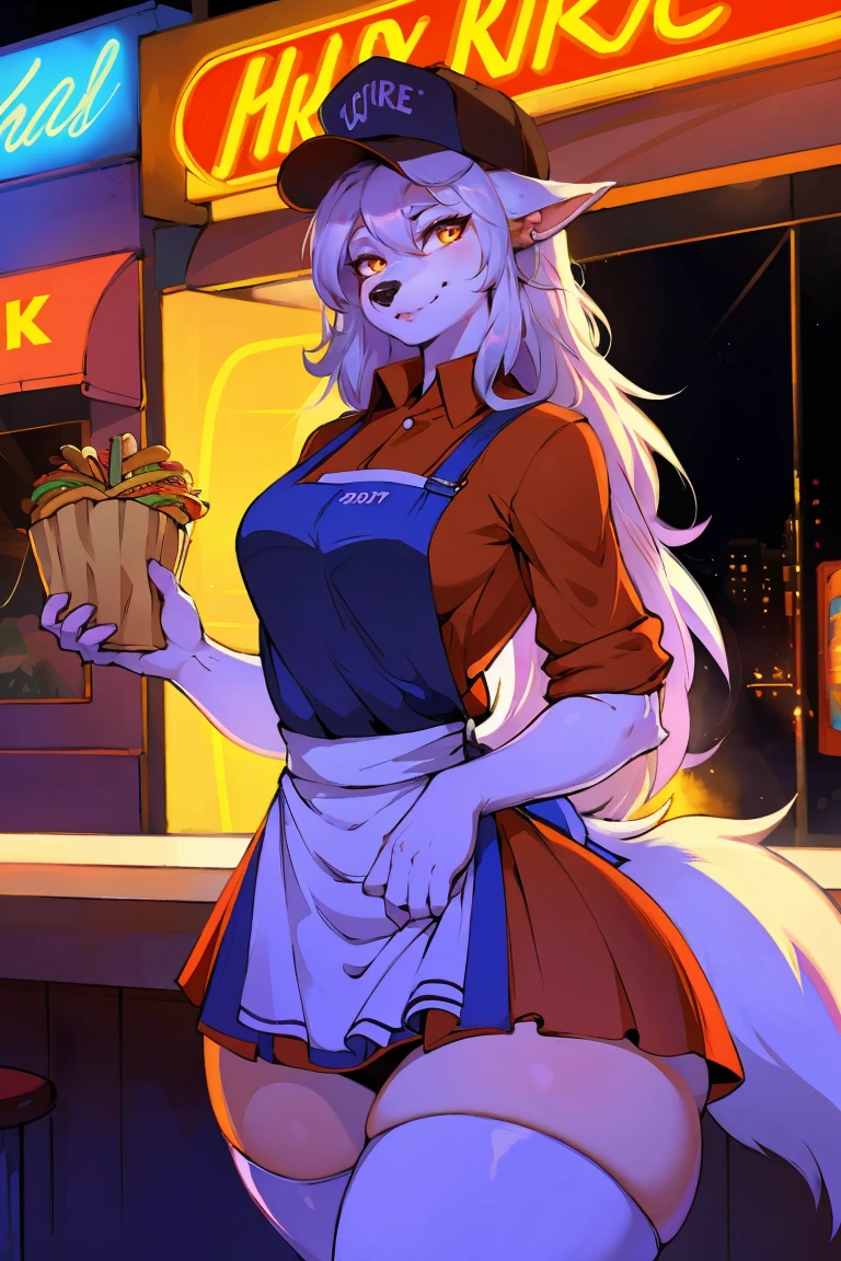 furry_girl,mature female,Lovely,Wolf_girl,Fast Food Worker,The graceful figure,Height 193 cm,Model figure_type,detailed_Eye,silver_hair,Lovely_ear,messy uniform, apron, hat, fry basket, greasy fast food, bright lights, neon signs, modern fast food restaurant interior, cinematic lighting, dramatic shadows, warm color tones,Smile,(front:1.5),(hairy:1.5),Long eyelashes,Flowing chiffon,Well-proportioned body,(Thick thighs:1.1),Perfectly detailed facial features,(perfect detailed Eye:1.5),silky long hair,masterpiece, best quality, Ultra-high quality, Ridiculous details,(best quality,4K,8K,high resolution,masterpiece:1.2),ultra-detailed