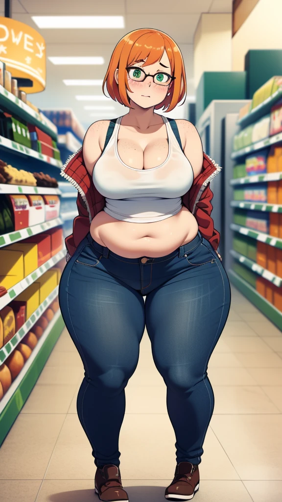 ((highres)), Masterpiece, high quality, best quality, beautiful, perfect lighting, detailed face, ultra cute face, cowboy shot, ((1girl)), ((solo)), looking at viewer, skindentation, ((blushing)), shocked, nervous, short orange hair, green eyes, glasses, freckles, jeans, tank top, jacket, tight clothes, full body, grocery store, arms behind back, medium breasts, perky breasts, cleavage, ((wide hips)), ((thick thighs)), chubby,