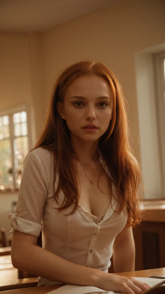 Caucasian red hair middle 20 years old girl, fit, staring at the viewer, realistic wearing a pinup girl long dress somewhere in Eastern Europe, glowing hazel greenish eyes, intense, solodramatic lightinasterpiece:1.2), best quality, high resolution, beautiful detailed, extremely detailed, perfect lighting