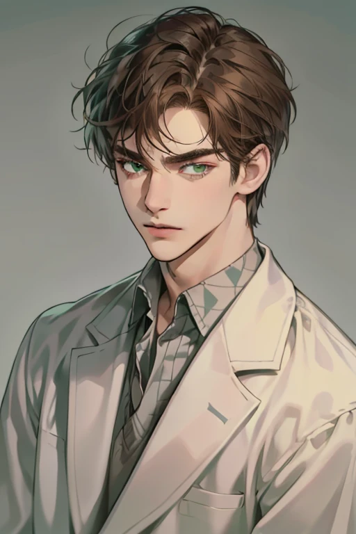 masterpiece, best quality, realistic, 1man, mature male, quiet and charming young man, 35 year old, serious look, closed mouth, portrait, extremely detailed face, cold smile, ((green grey eyes)), ((short-right-swept dark brown hair)), [thick eyebrows], ((suit)), handsome, full body, western, Jewish, light brown skin,