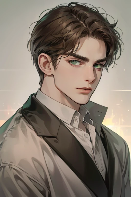 masterpiece, best quality, realistic, 1man, mature male, quiet and charming young man, 35 year old, serious look, closed mouth, portrait, extremely detailed face, cold smile, ((green grey eyes)), ((short-right-swept dark brown hair)), [thick eyebrows], ((suit)), handsome, full body, western, Jewish, light brown skin,