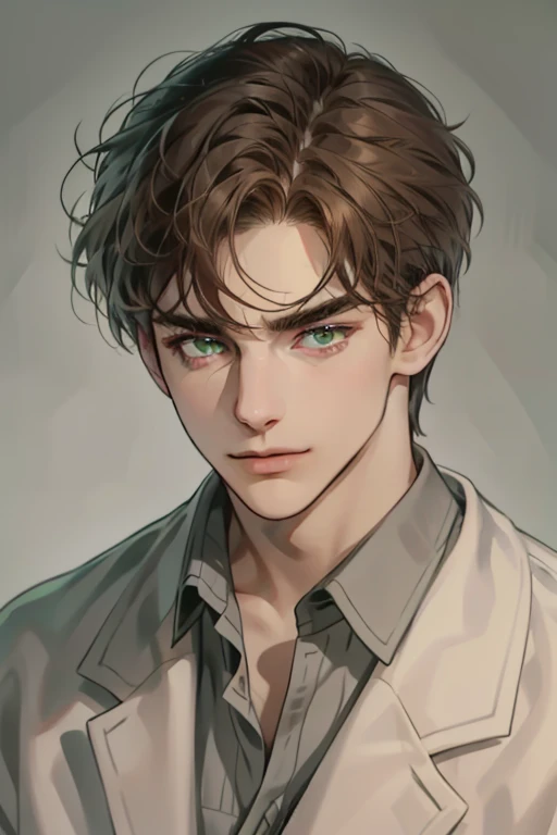 masterpiece, best quality, realistic, 1man, mature male, quiet and charming young man, 35 year old, serious look, closed mouth, portrait, extremely detailed face, cold smile, ((green grey eyes)), ((short-right-swept dark brown hair)), [thick eyebrows], ((suit)), handsome, full body, western, Jewish, light brown skin,
