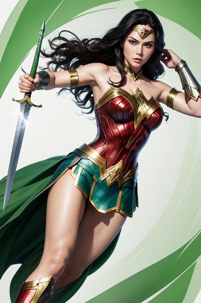 Wonder Woman  long hair green outfit from Brazil with sword in her hand watercolor background in the color of the Brazilian flag white background 